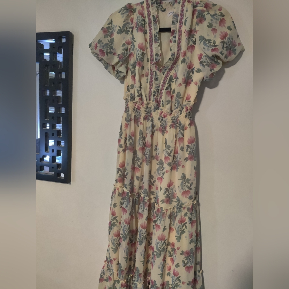 MAX STUDIO Yellow Floral V-Neck Maxi Dress Cottagecore Boho Small